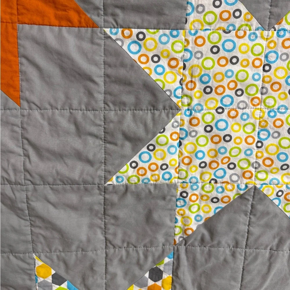 Modern Handmade Baby Quilt Gray‎ Orange Yellow Geometric Stars Zoo Animal